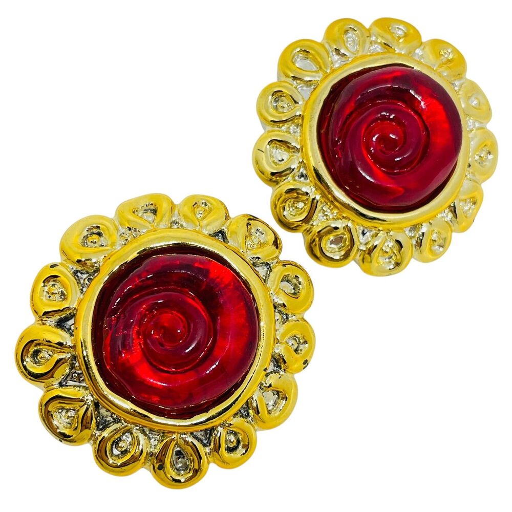 Vintage gold tone red resin designer 80's clip on earrings